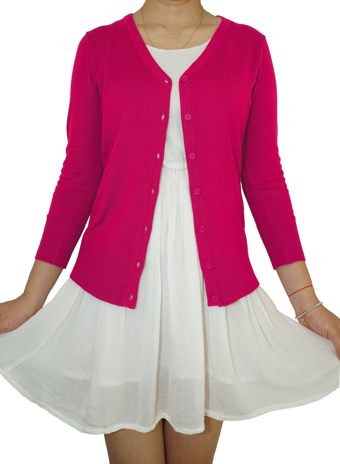 Women Fitted Cardigan V-Neck 3/4 Sleeve Vintage Soft Knit Basic & Plus Size USA
