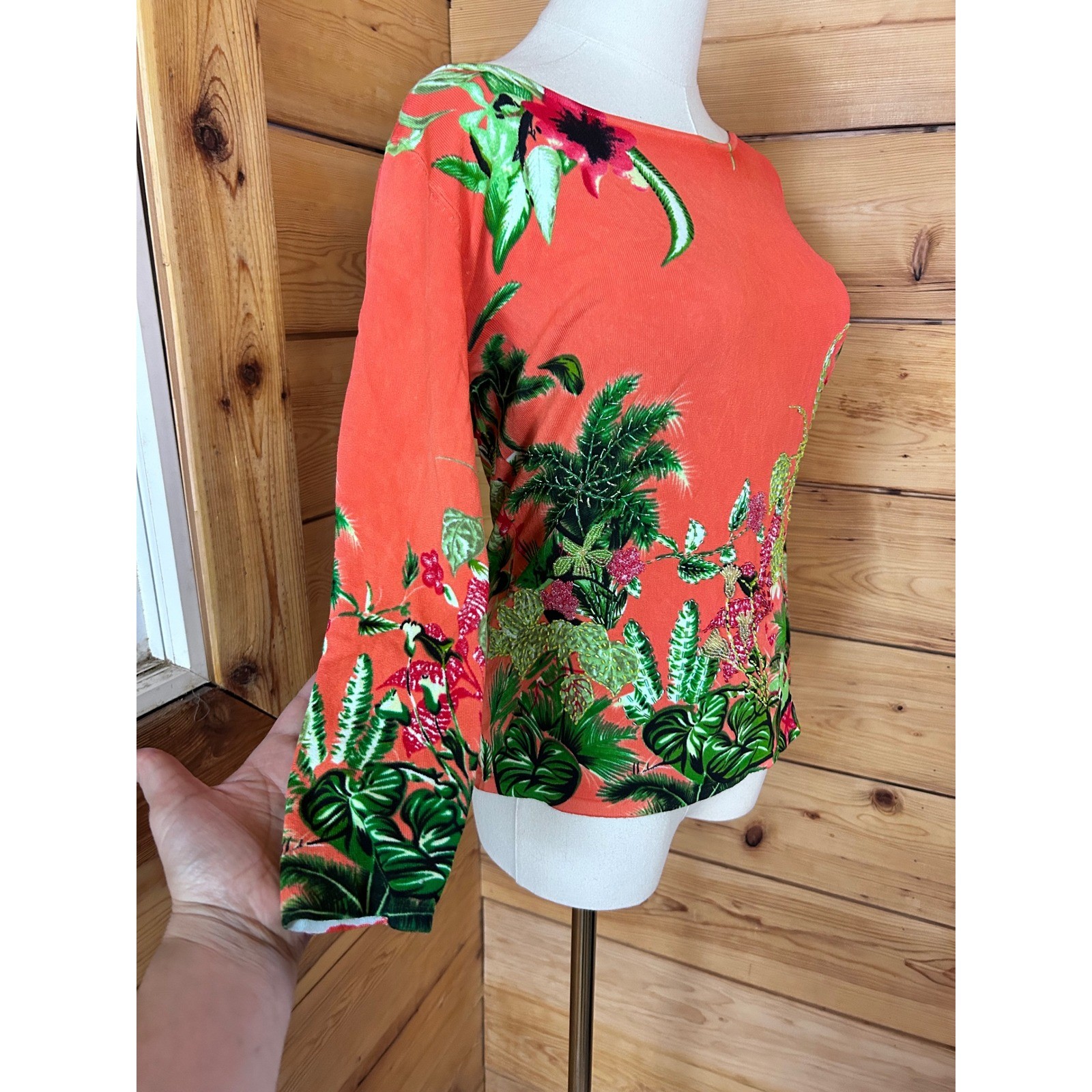 Tropical Floral Print Boat Neck Knit Shirt Women Medium Coral Pink Aubergine Y2K