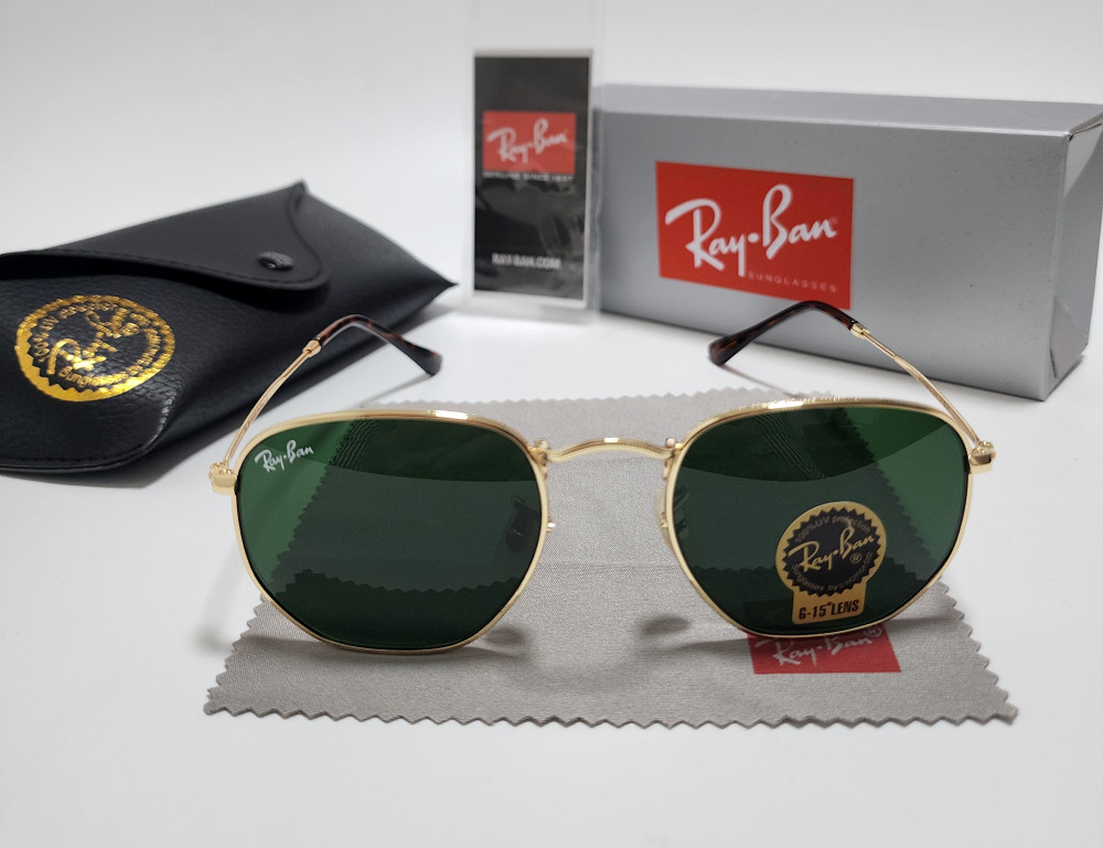Ray-Ban RB3548N Hexagonal Sunglasses Gold Frame Glass Green Lens 51 mm