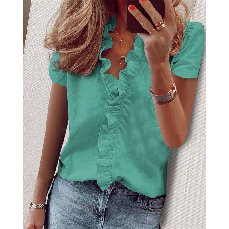 Womens T Shirt Summer Ladies Blouse Loose Pure Tops V neck Short Sleeve