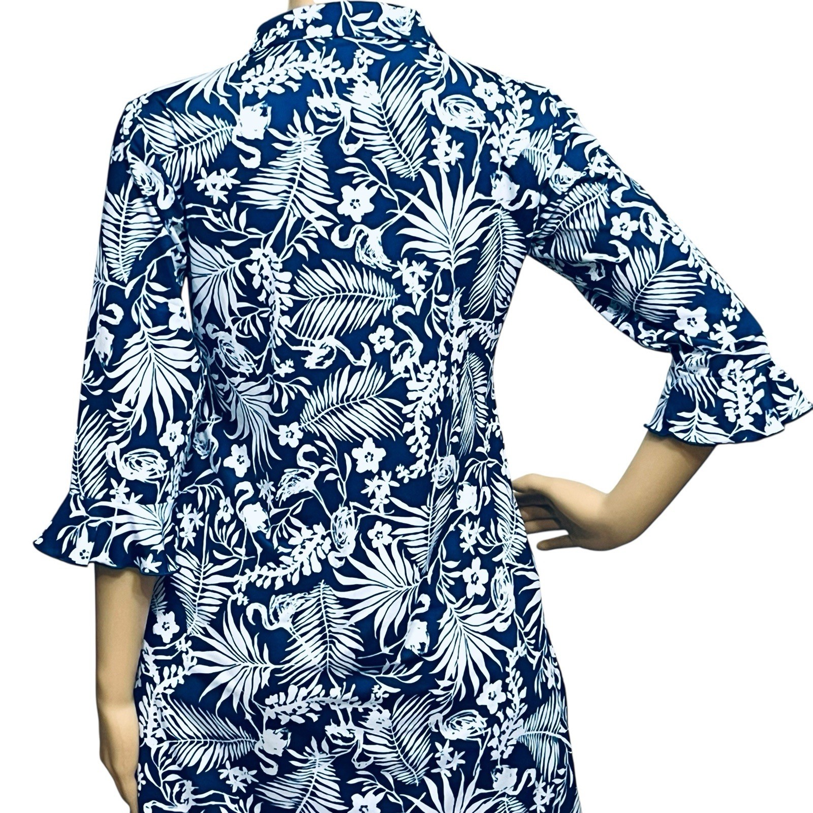 Ana Clare Dress UPF 50+ Tropical Floral Print Gold/Button 3/4 Bell Sleeve Sz S
