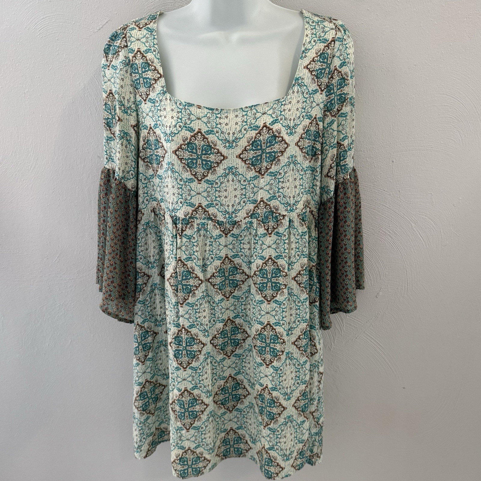 Umgee Boho Tunic Top Dress Square Neck Back Babydoll Peasant Mixed Print Flowy S