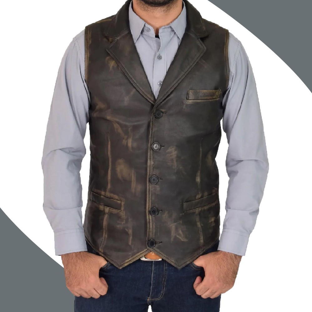 Men’s Vintage Brown Rub-Off Motorcycle Biker Leather Vest Gilet Waistcoat Jacket