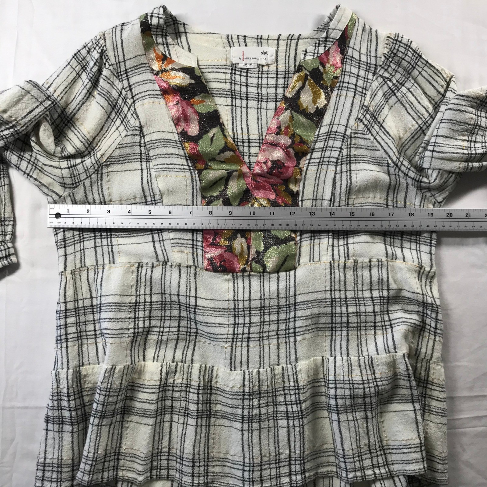 Anthropologie Plaid Floral Metallic Peplum Blouse Cream Black Wool Blend Large