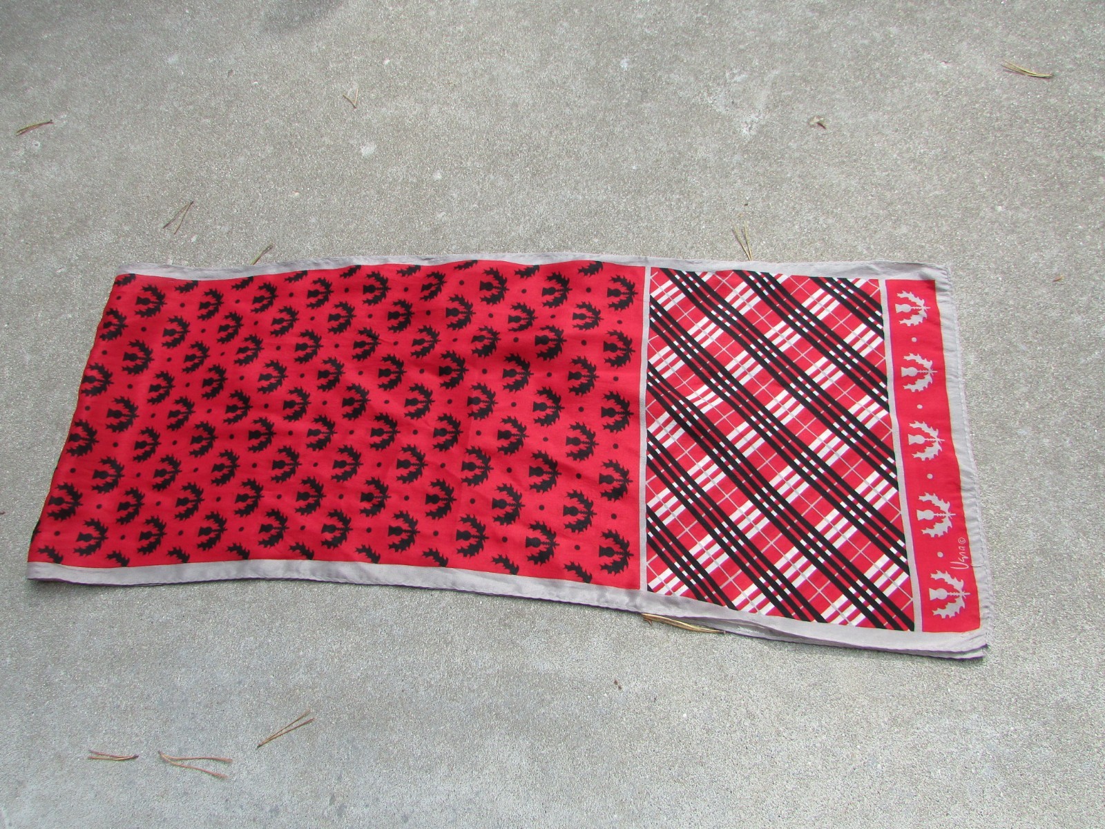 Vintage VERA Gray Red Black Plaid Rectangle 100% Silk Fashion Scarf 10″ x 52″