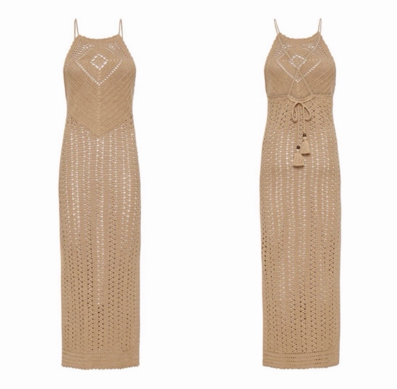 Spell & The Gypsy Collective Beige Crochet Halter Maxi Dress Tassel Open Back M