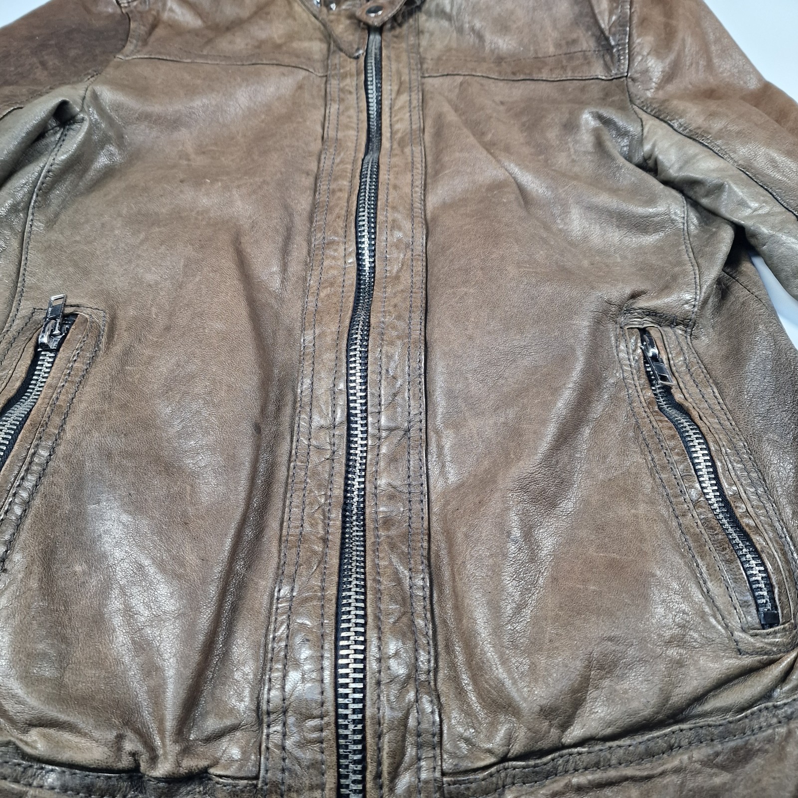 AllSaints Spitalfields Brown Distressed Leather Biker Jacket Mens Medium Pockets