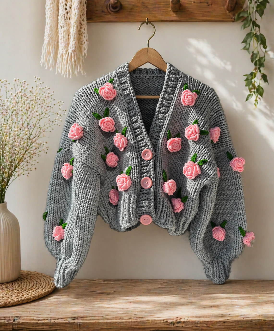 Hand-Embroidered Grey Cardigan, Pink Roses, Oversized Knit Sweater, Cottagecore