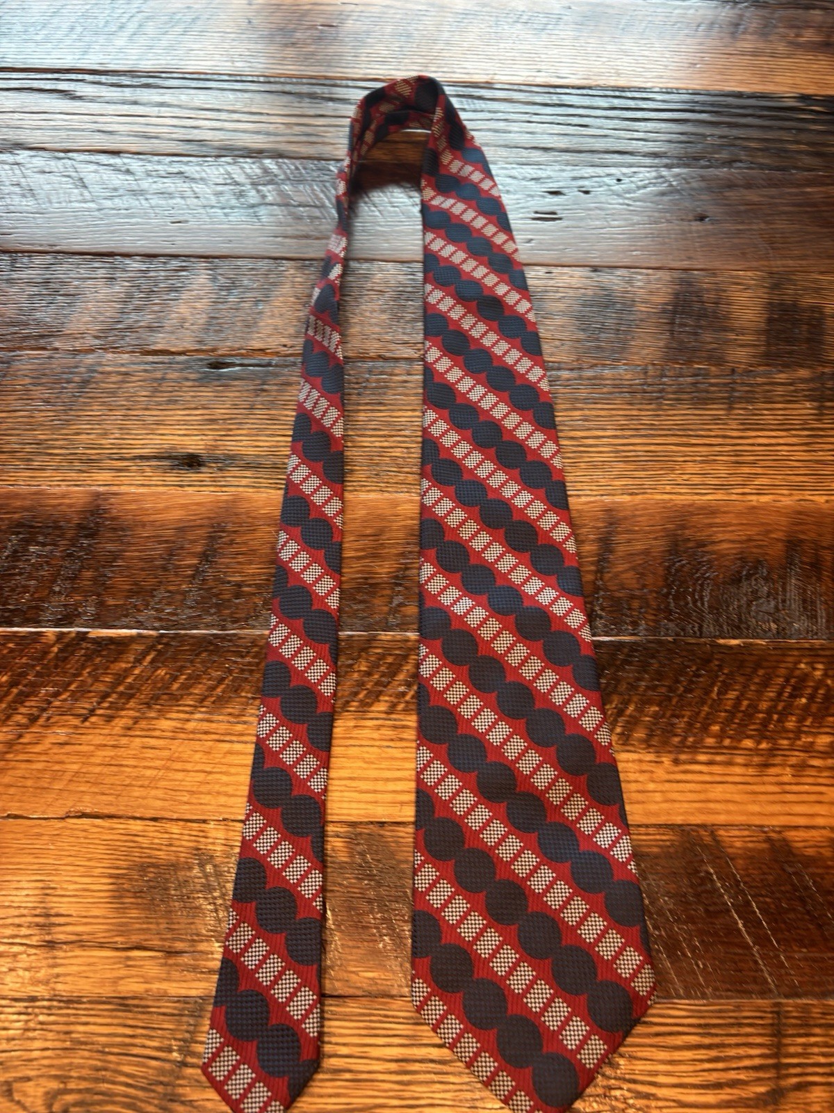 Andhurst Men’s Red Blue White Geometric Silk Woven Tie Pointed w/ Logo