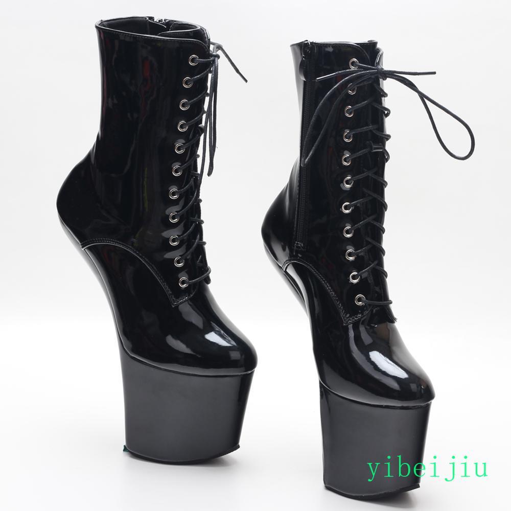 Women’s High Platform Heelless Ankle Boots Glossy Shiny Leather Dance Shoes 20CM