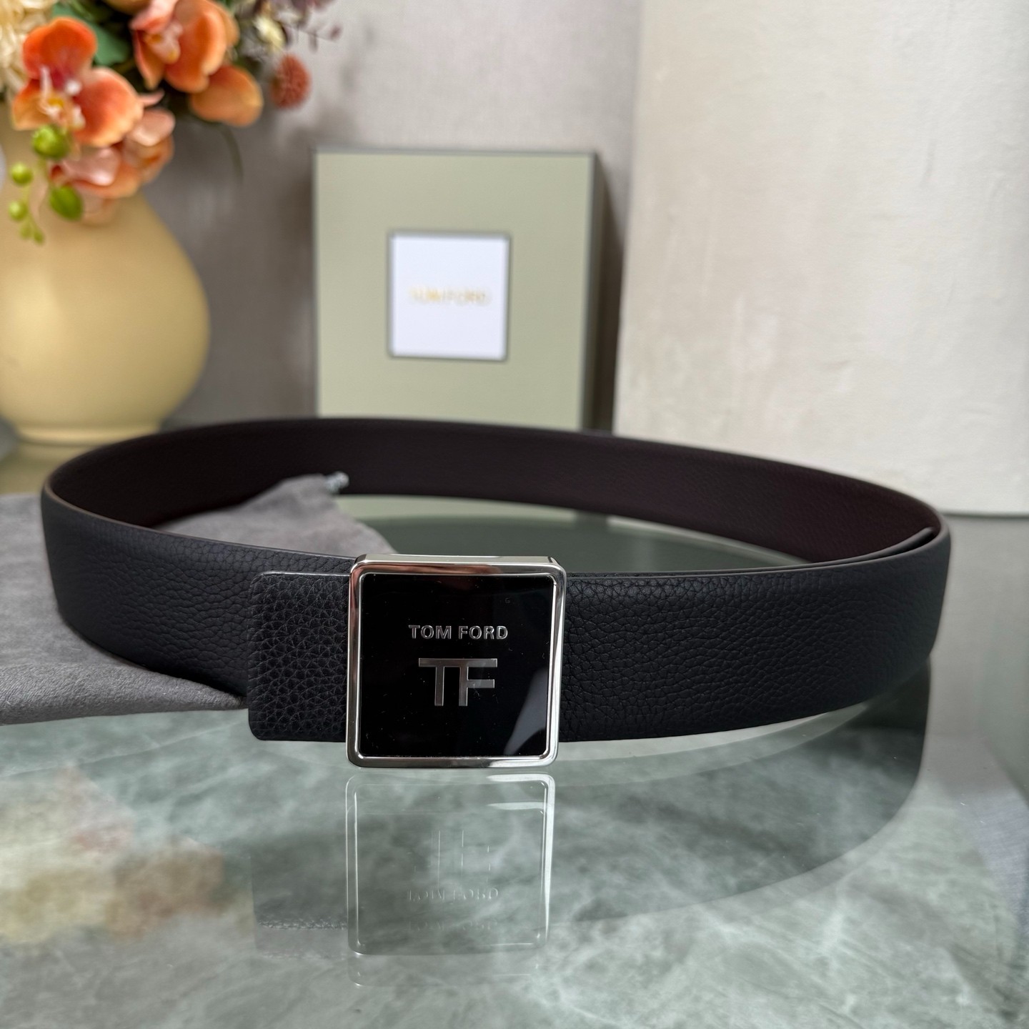 Authentic Tom Ford Reversible Leather T-Buckle Belt Luxury Designer Fashion