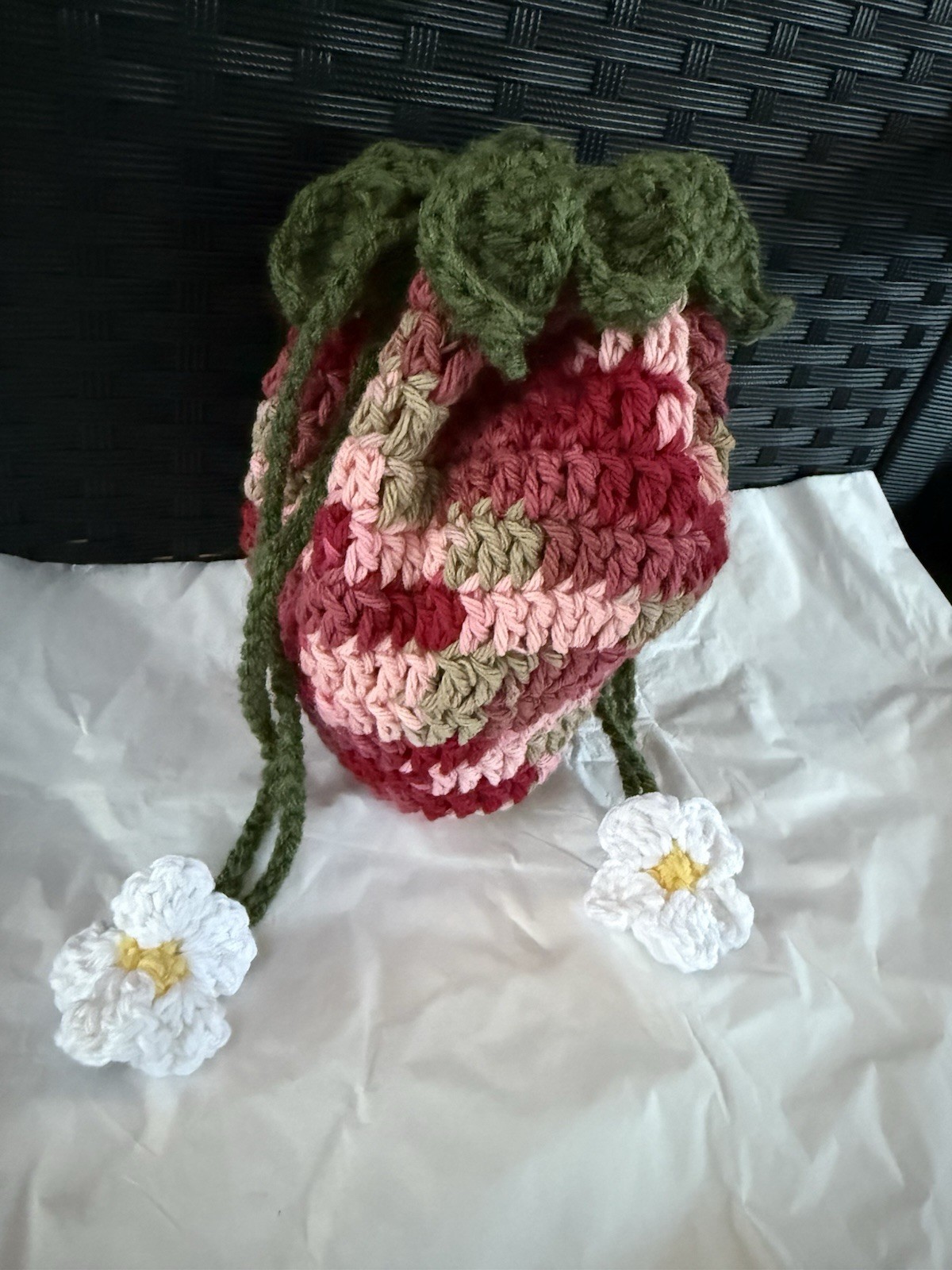 Crocheted, Handmade Drawstring, Strawberry 7 Inch Purse
