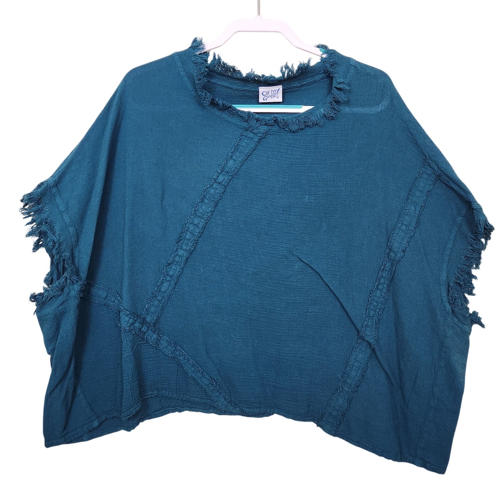 Oh My Gauze Teal 100% Cotton Boho Lagenlook Fringe Poncho Top Tunic One SZ Artsy