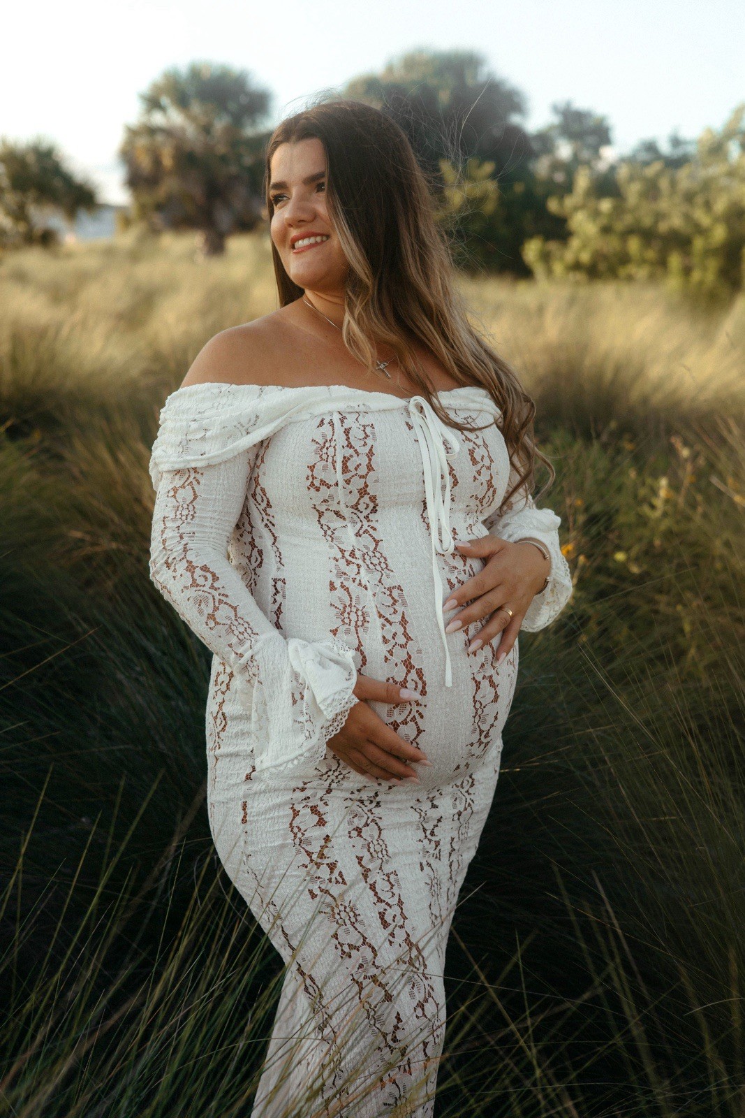 White Floral Lace Off-the-Shoulder Maternity Maxi Bodycon Dress Size L