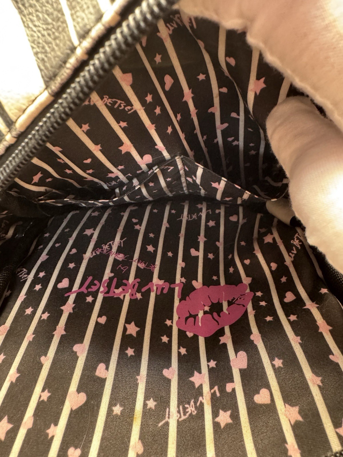Betsey Johnson Luv Betsey Pink Quilted Heart Mini Backpack Black Striped EUC