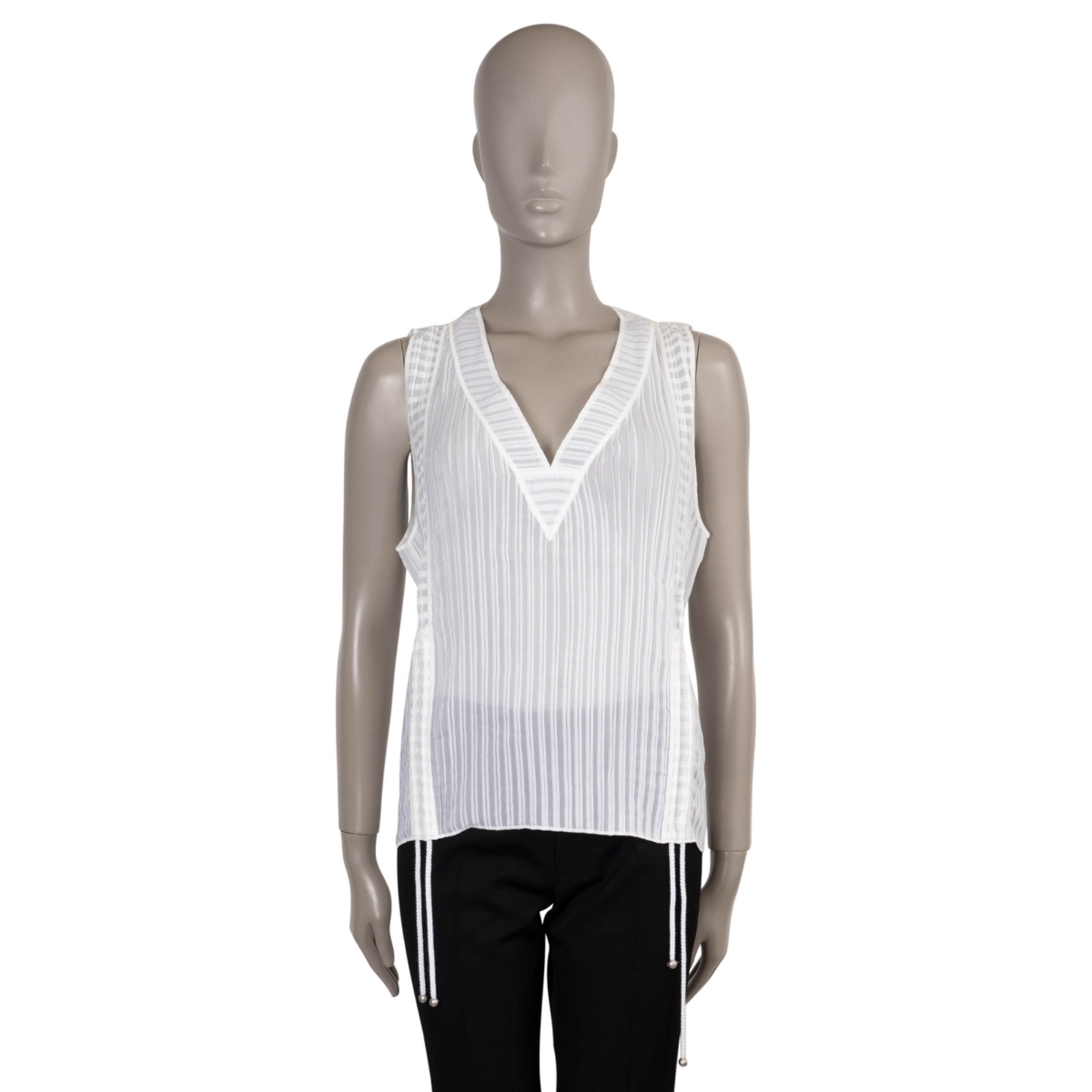 73766 auth CHANEL white silk 14P STRIPED SEMI SHEER Tank Top Shirt 42 L