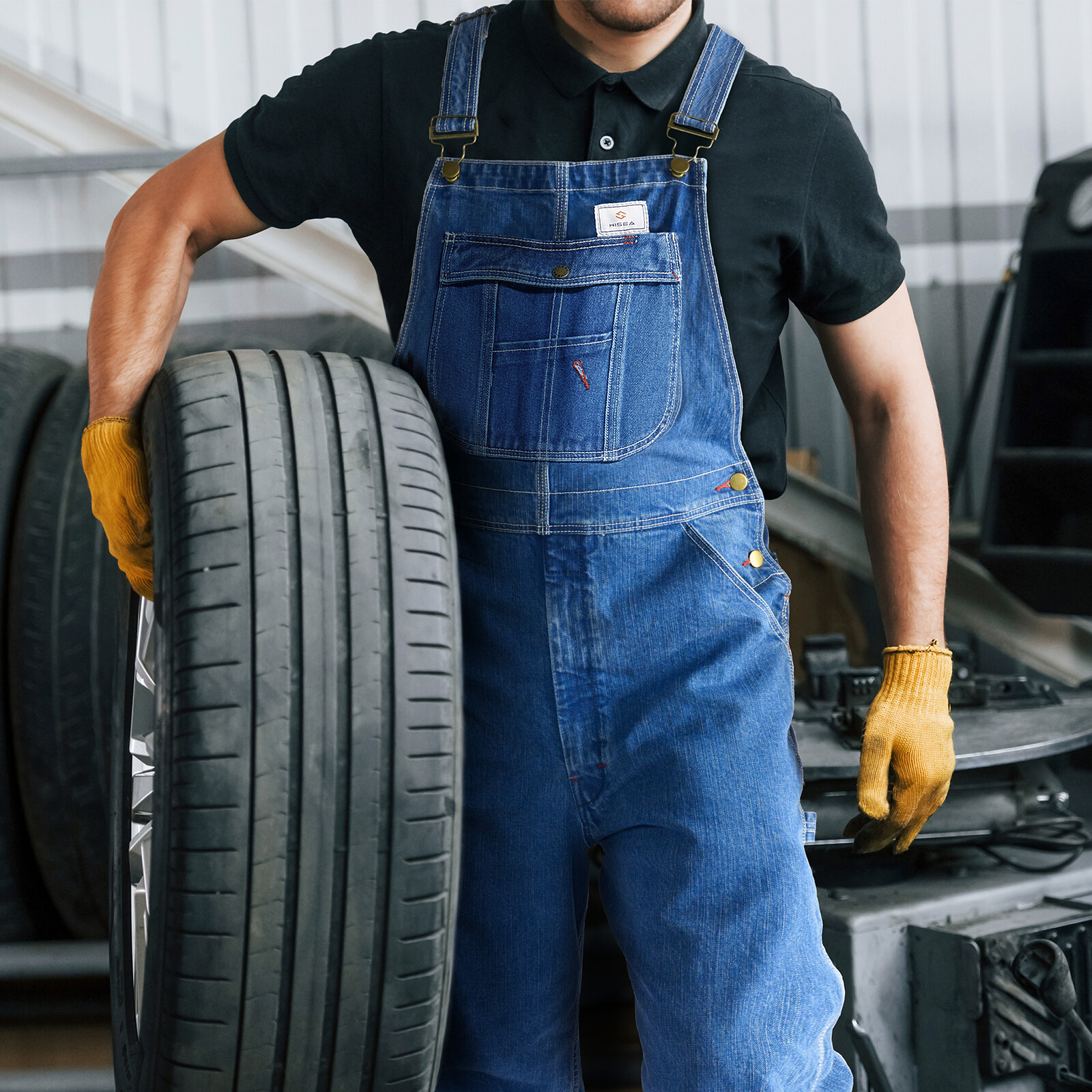 HISEA Men Denim Bib Overall Relaxed Fit Midweight Dungarees Workwear Pocket Jean