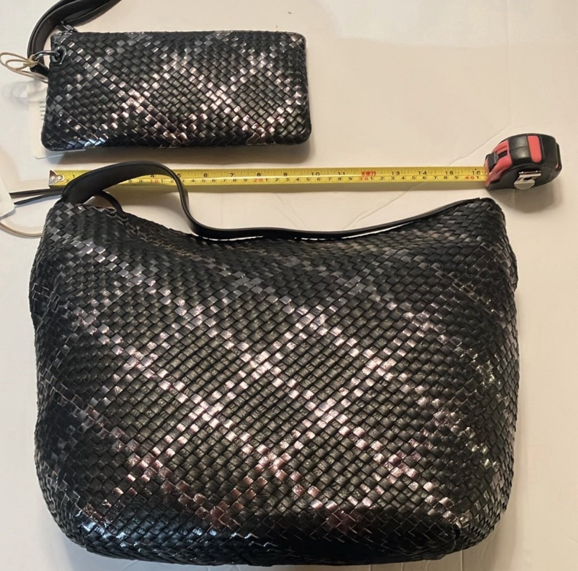 NWT HOBO Harley Bag Purse with Matching Wristlet in Black Metallic Woven Leather