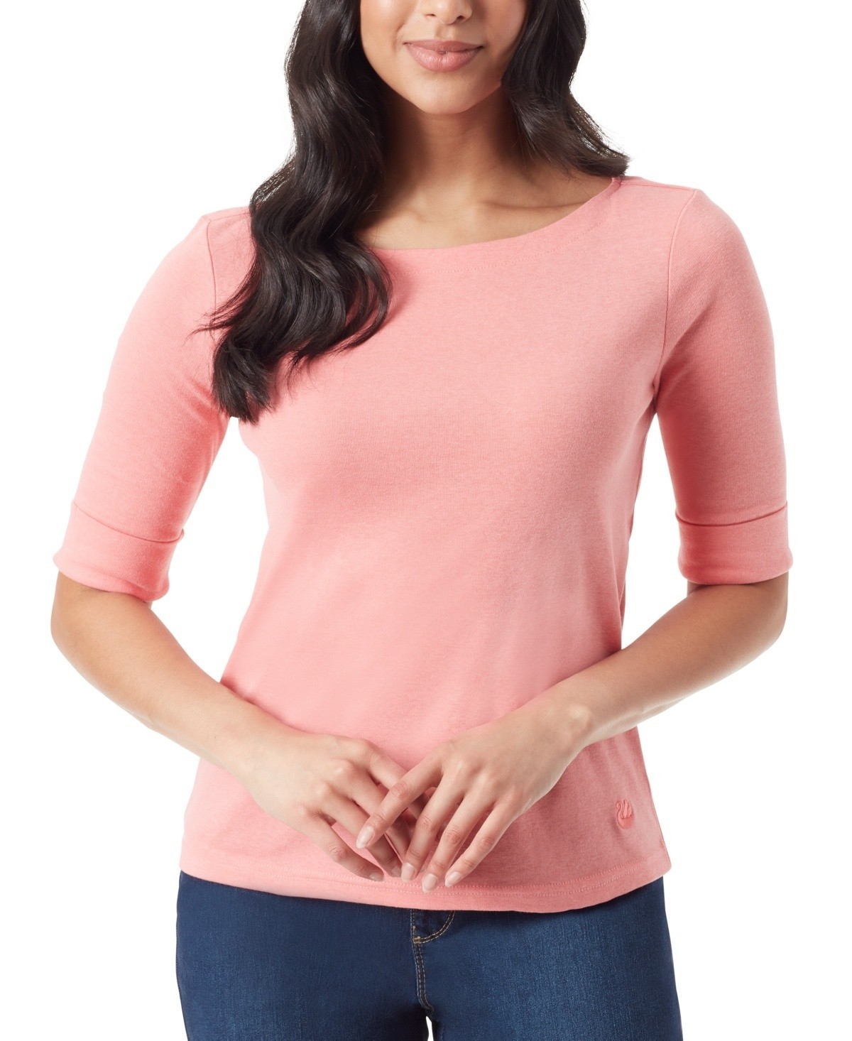 Gloria Vanderbilt Cotton Alanis Boat Neck Elbow-Sleeve T-Shirt Pink Size XL