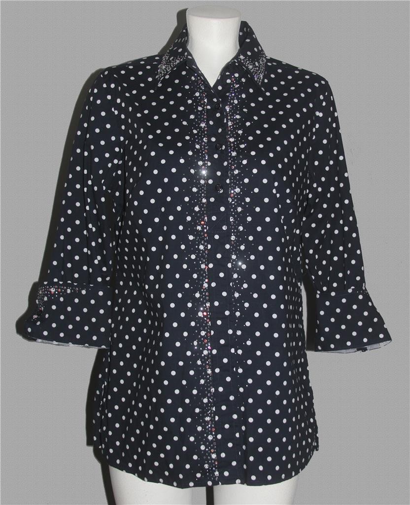 Christine Alexander Varied Crystals Polka Dots French Cuffs Blouse Wm’s S/M EXC