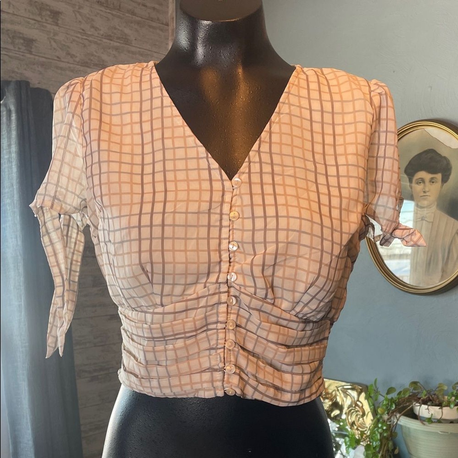 Elegant V-Neck Checkered Blouse
