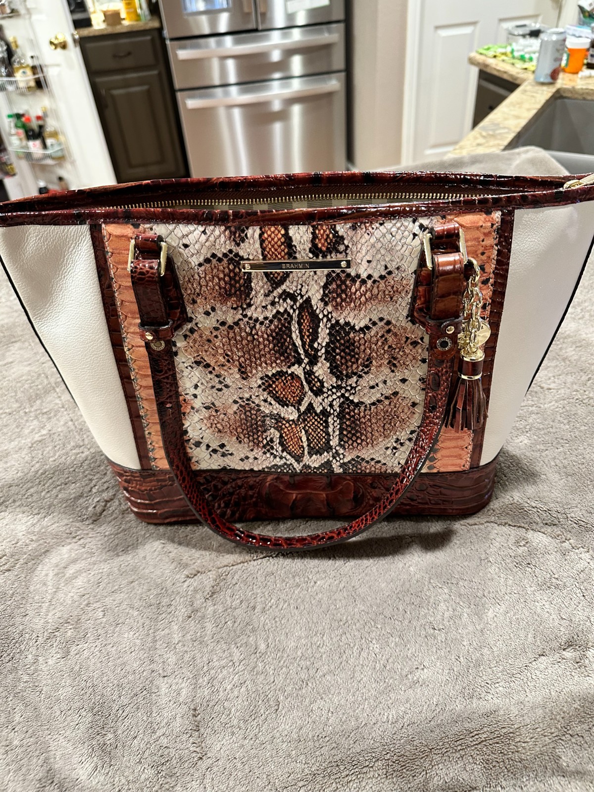 New BRAHMIN Medium Asher leather tote/shoulder bag in Melon Fisher Tri-Texture