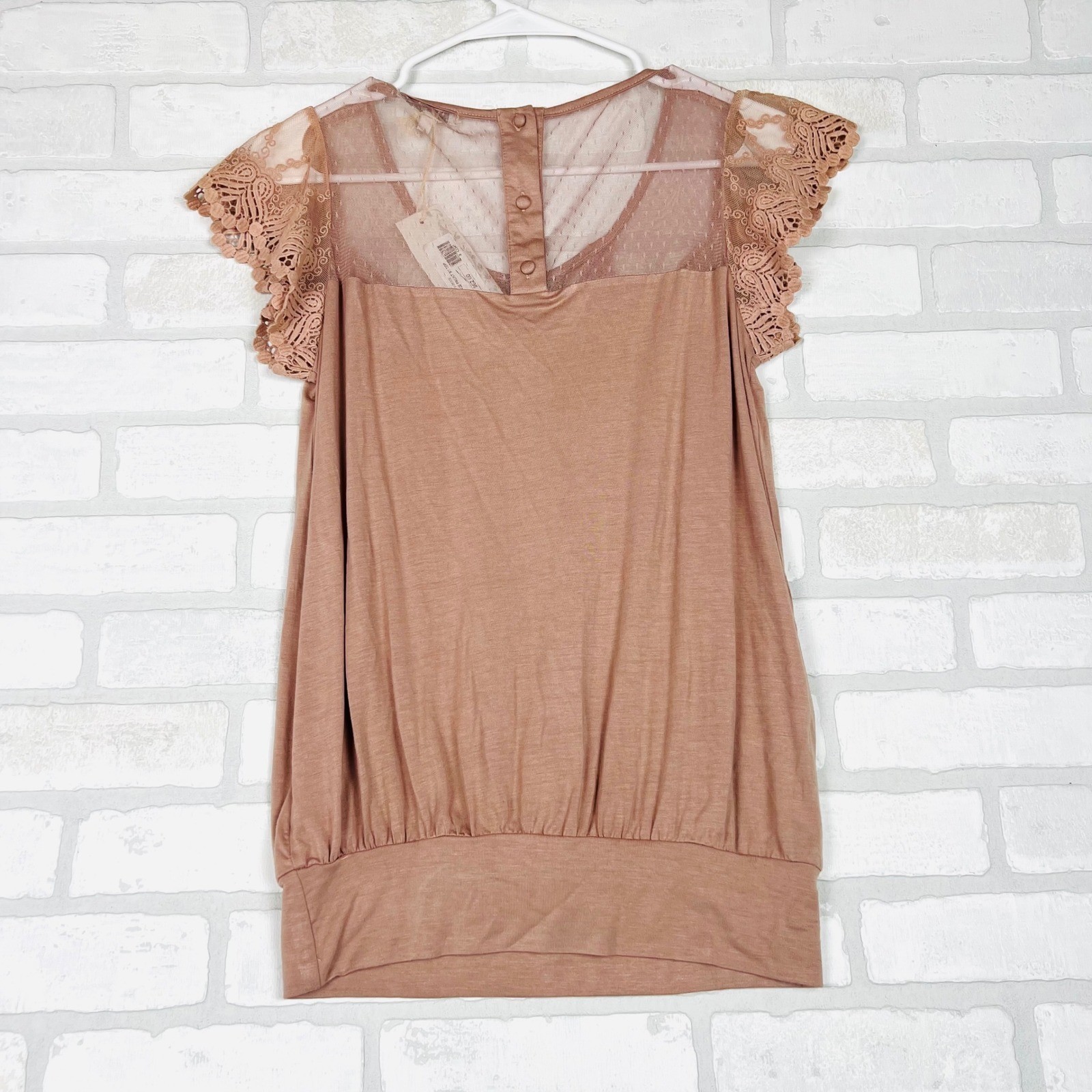 Mystree Mauve Lace Crochet Mesh Flutter Sleeve Blouson Top Small NWT