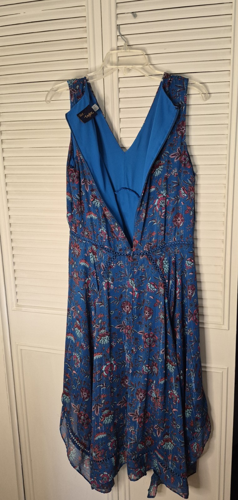 Just Taylor Women’s Sleeveless Dress Sundress US 12 Blue Floral Handkerchief Hem