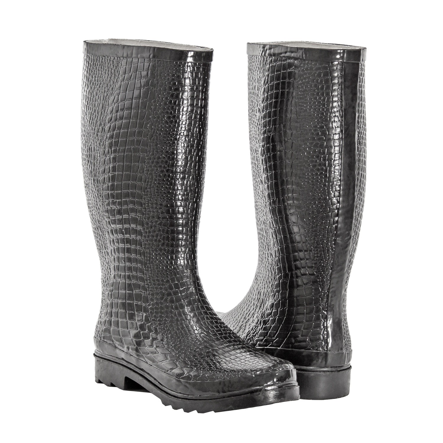 Black Rain Boots Womens Size 6 Faux Crocodile Waterproof Rubber Tall, NEW