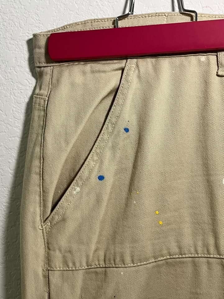 boohooMAN Men’s Cargo Carpenter Pants Size 44 Khaki Paint Splatter Trousers