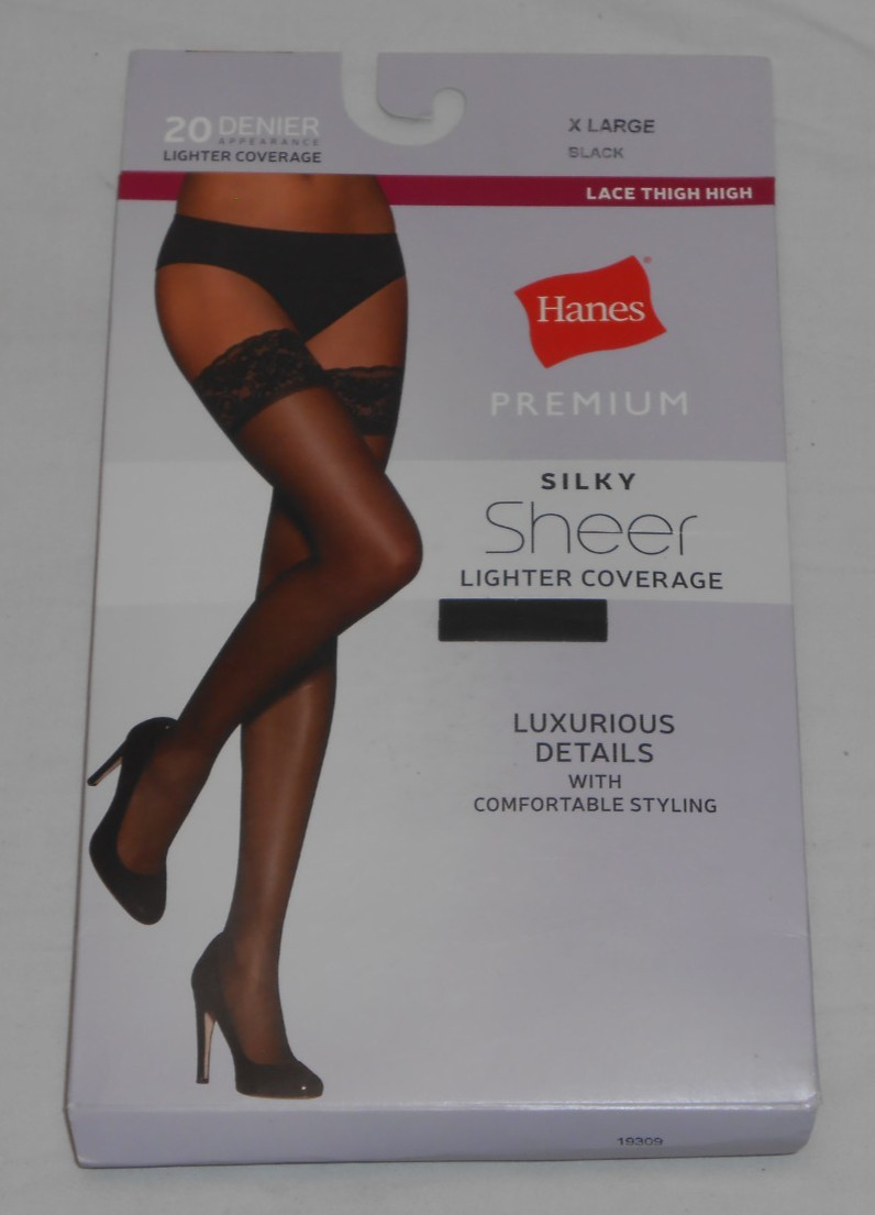 Hanes Premium Lace Thigh High Women XL Black Silky Sheer 20 Denier NEW SEALED
