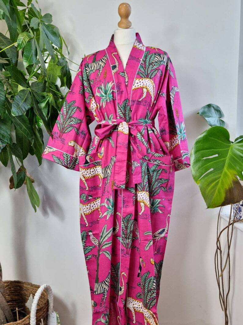 Indian Cotton Robes Long Kimono Sleepwear Pink Monkey Printed Night Suit Kimonos