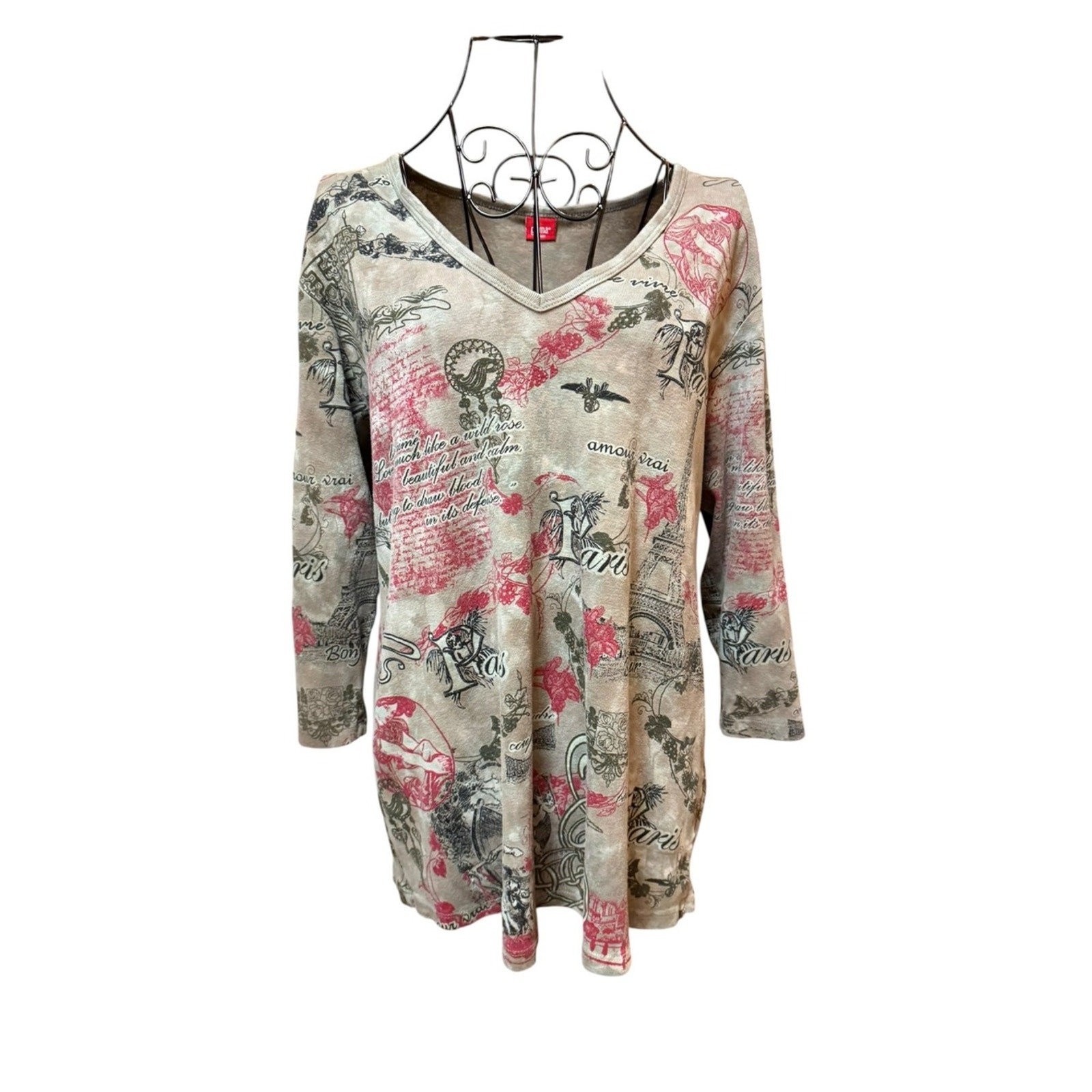 Glima Cotton Vintage Paris Graphic V-Neck Tunic Top – Pink & Taupe Large