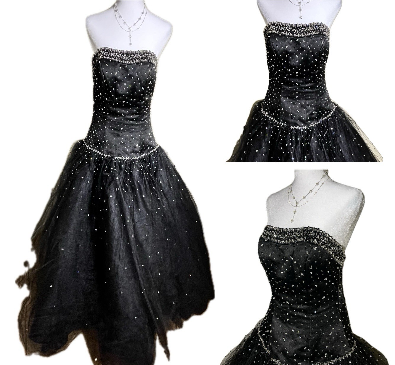 MORI LEE Princess Prom Dress Maxi Ball Gown 5/6 Y2K Black Bead Glam Quinceanera