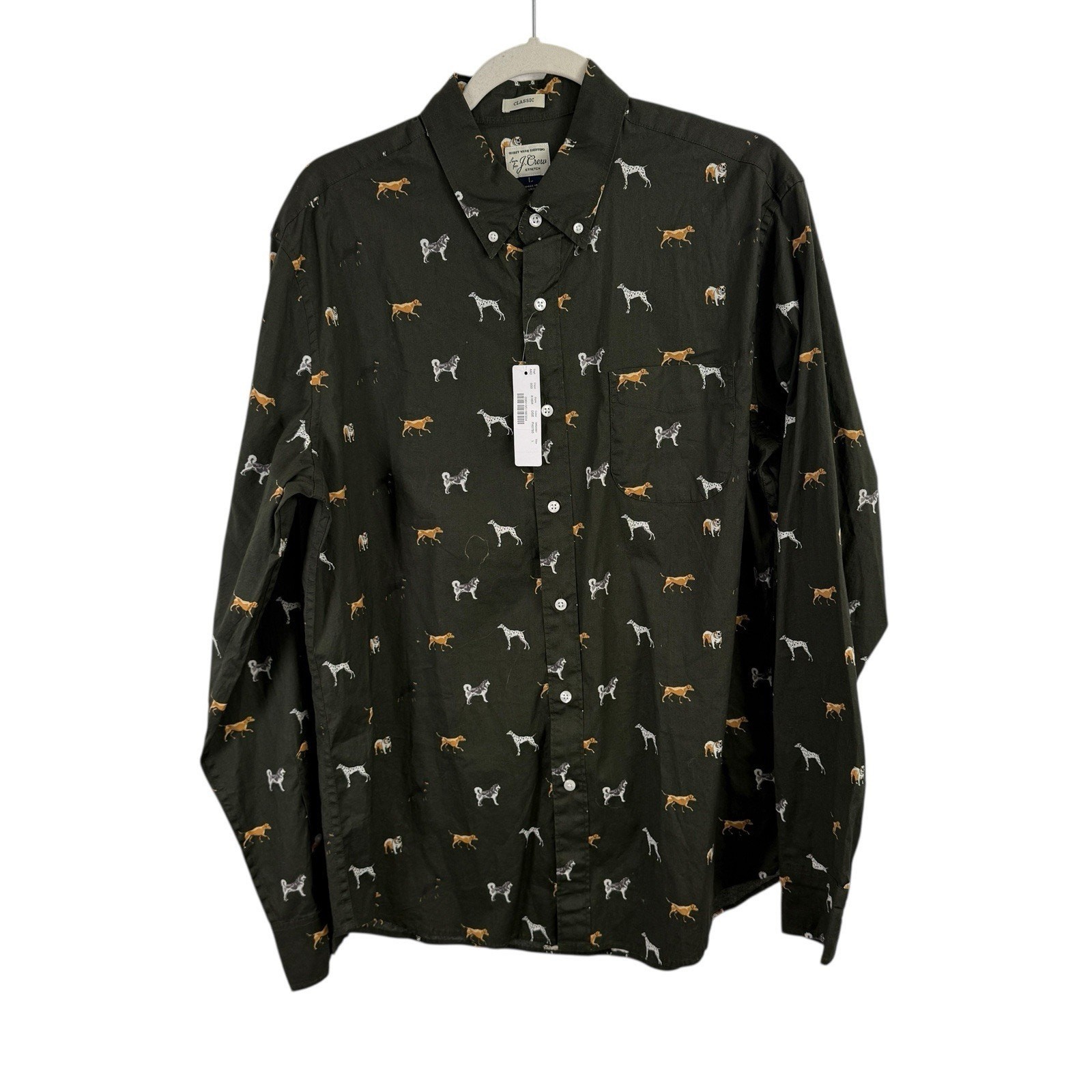 J Crew Classic Fit Green Long Sleeve Button Down Shirt All Over Dog Print Men Lg