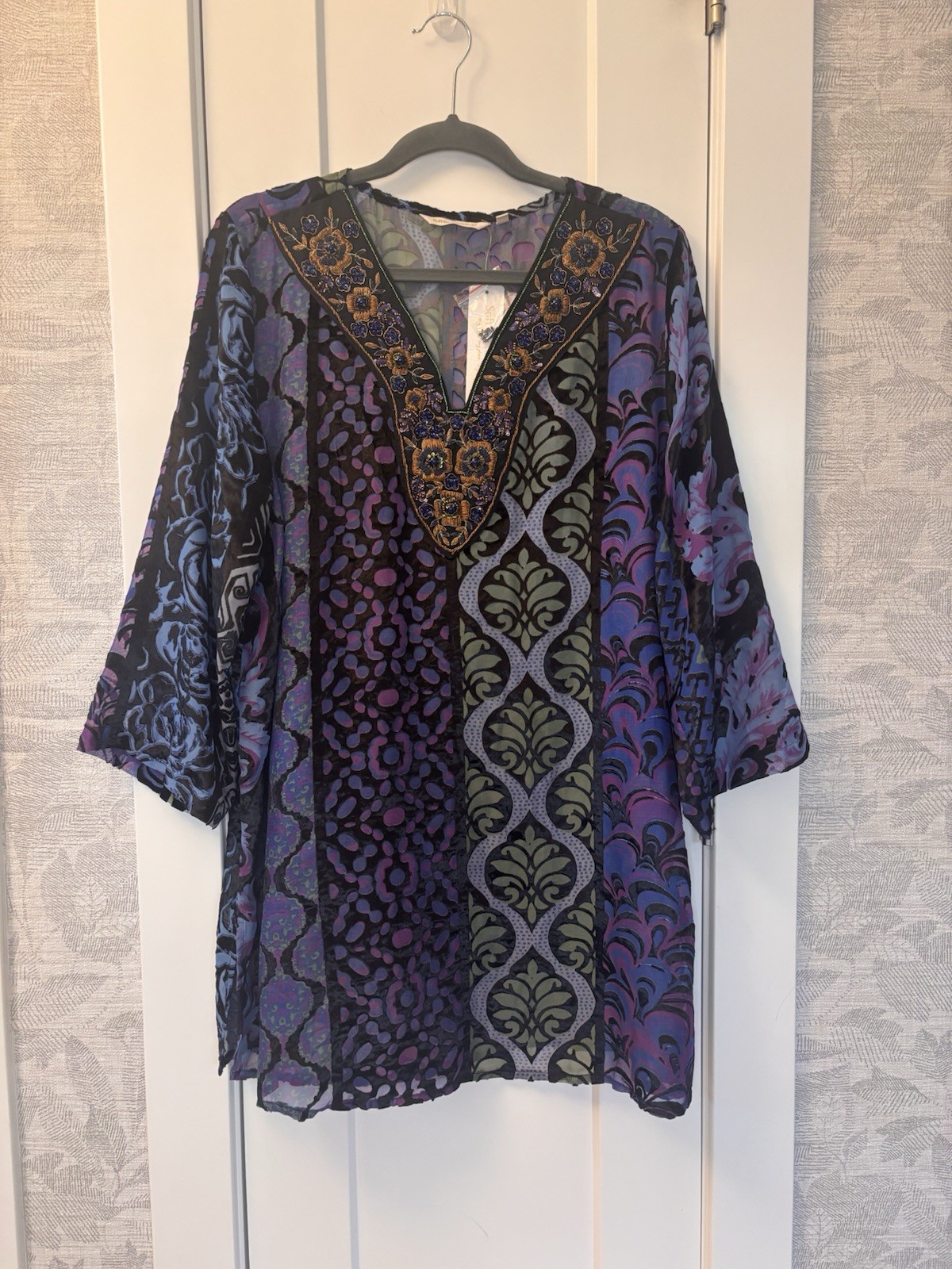 Soft Surroundings Floral Embroidered Tunic Top Women XL Purple Beaded Boho Sheer