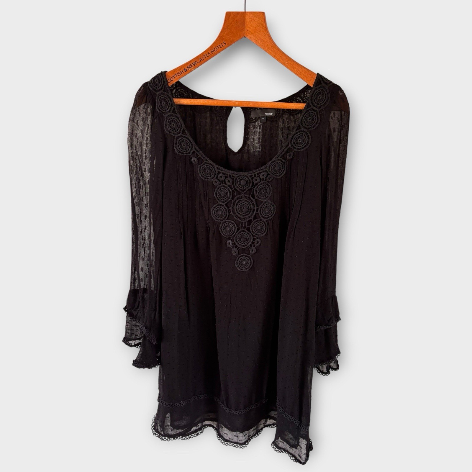 Next Black Tunic Blouse Top 12 Embroidered Lace Long Sleeve Boho Summer Casual