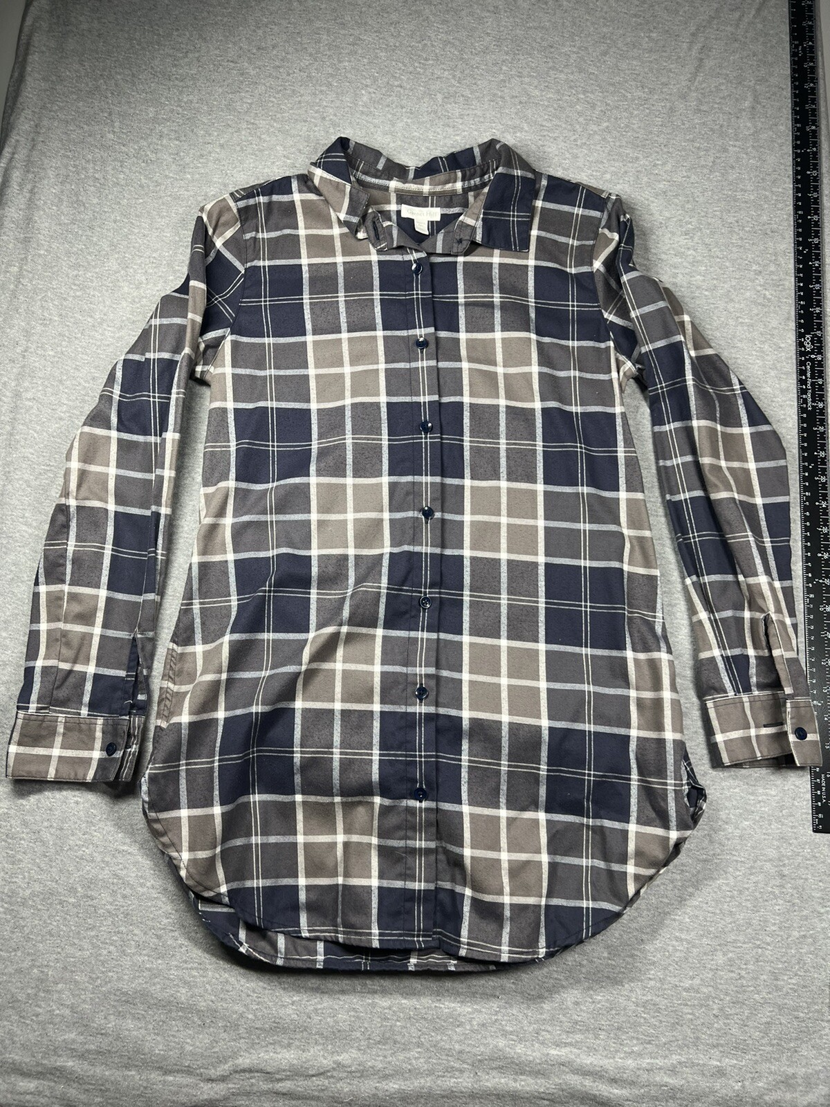 Garnet Hill 100% organic cotton flannel shirt dress grey plaid size 02