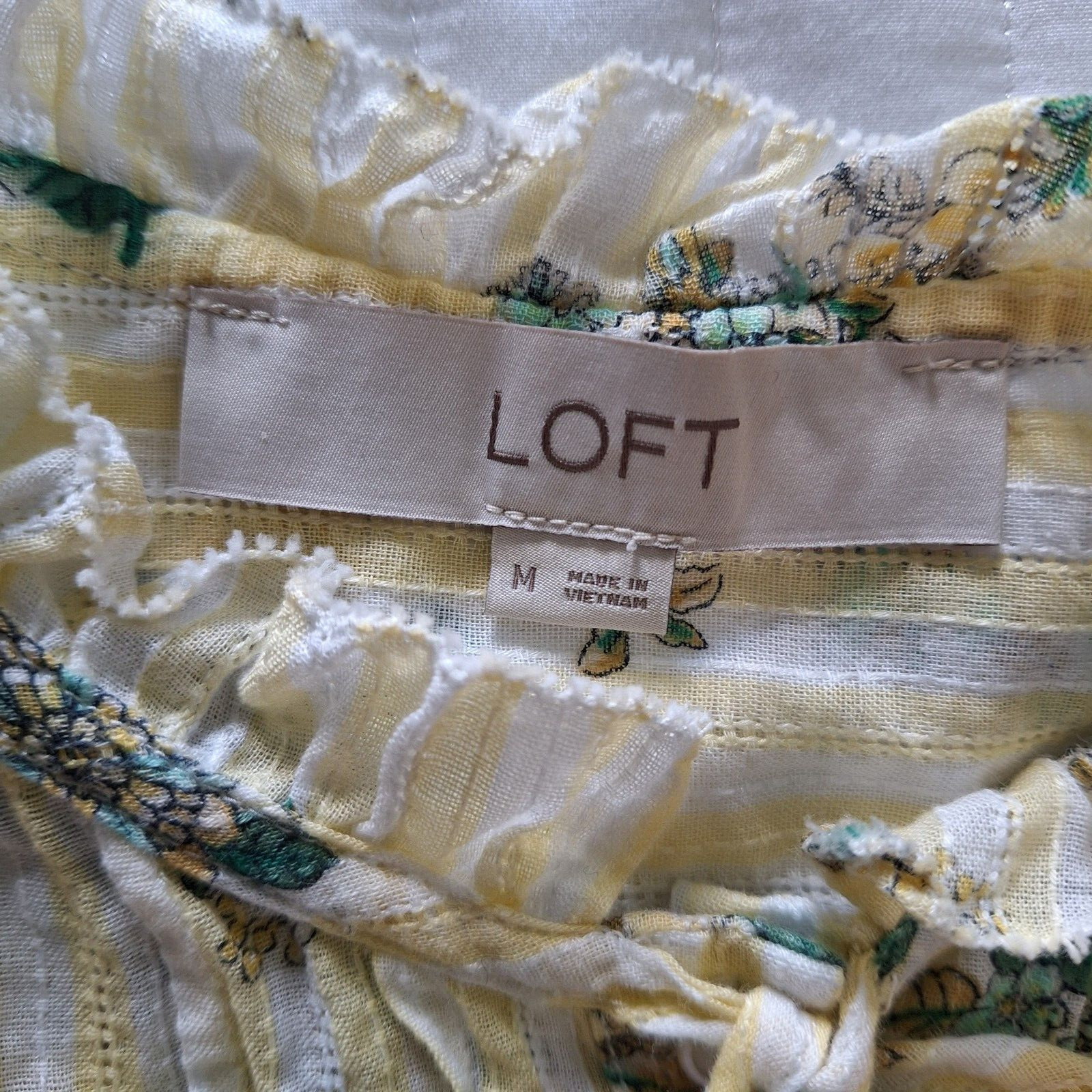 Loft Tunic Top Blouse Med 100% Cotton Ruffle Collar Cuffs Cottage Core Yellow