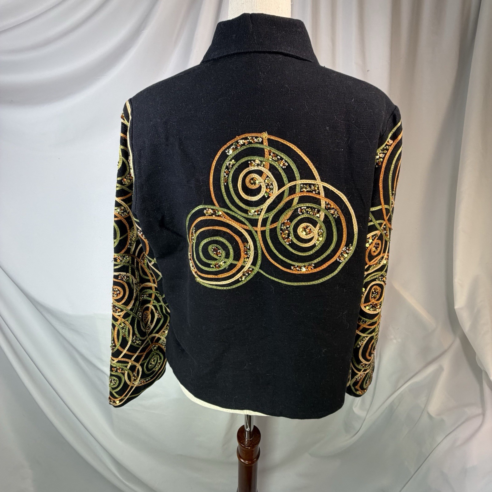 ANAGE Jacket Blazer Black Spiral Ribbons Gold Tones Beaded Artsy XL Unique