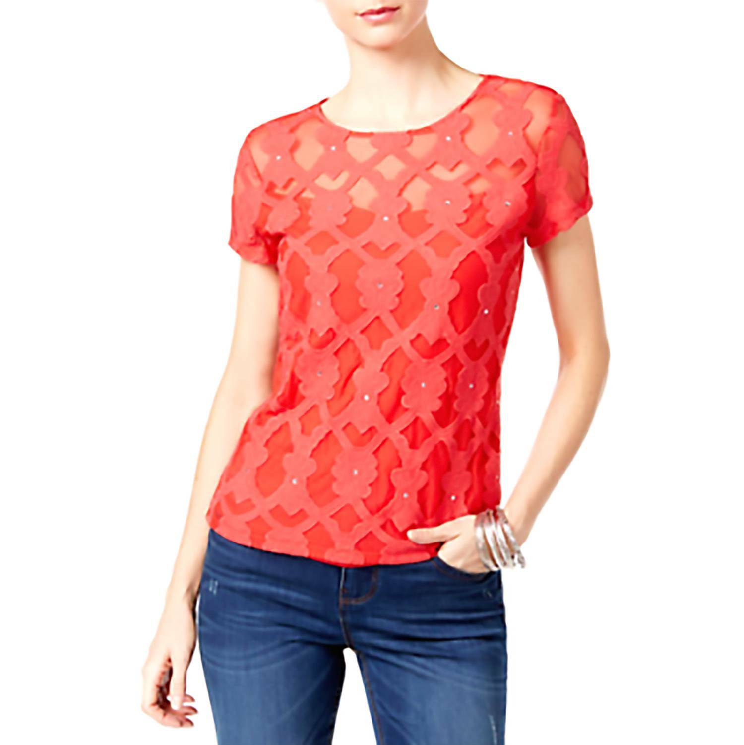 INC INTERNATIONAL CONCEPTS Size S Embellished Embroidered Top HIBISCUS BLOOM