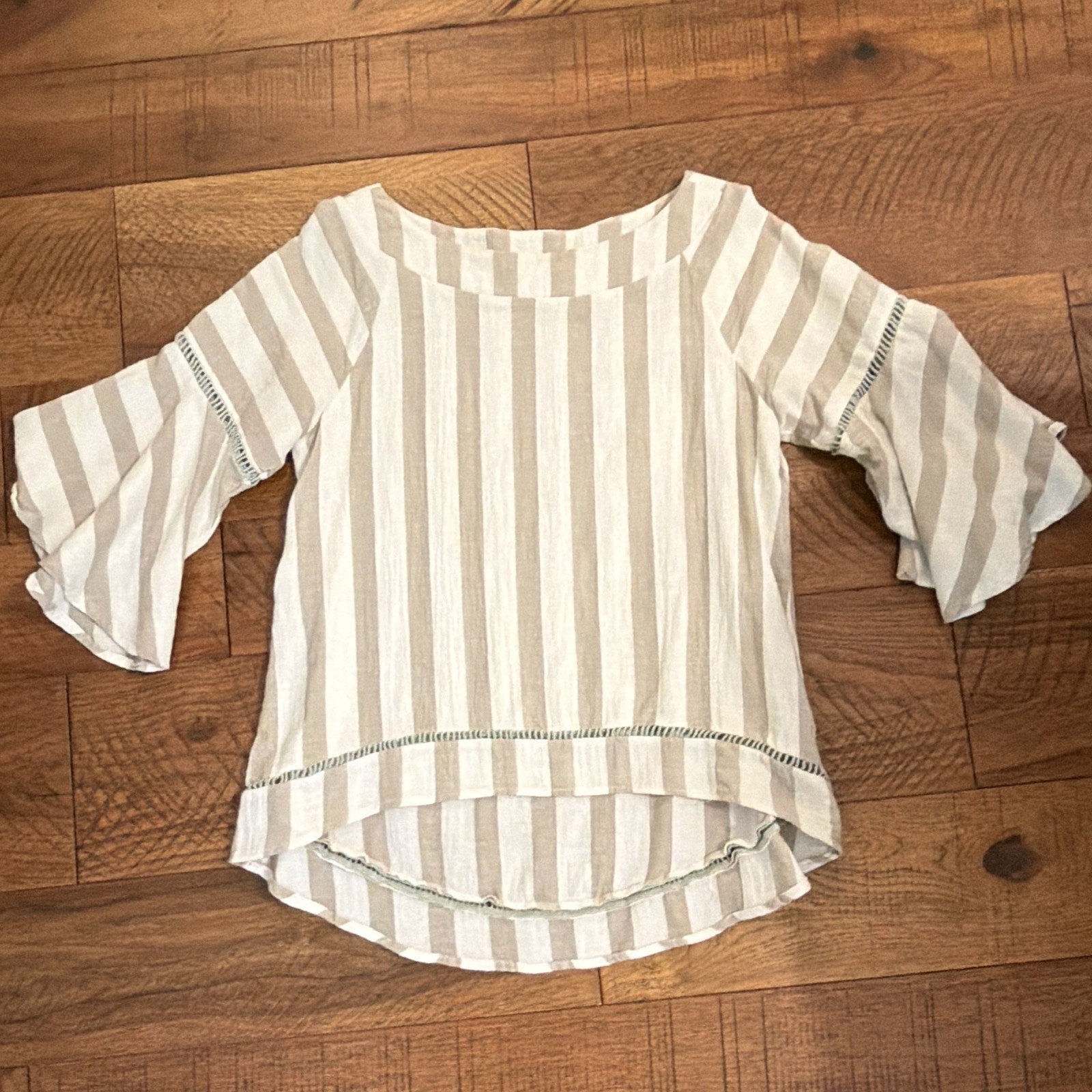 Listicle Women’s White/Beige Striped Scoop Neck Bell Sleeve Pullover Blouse S