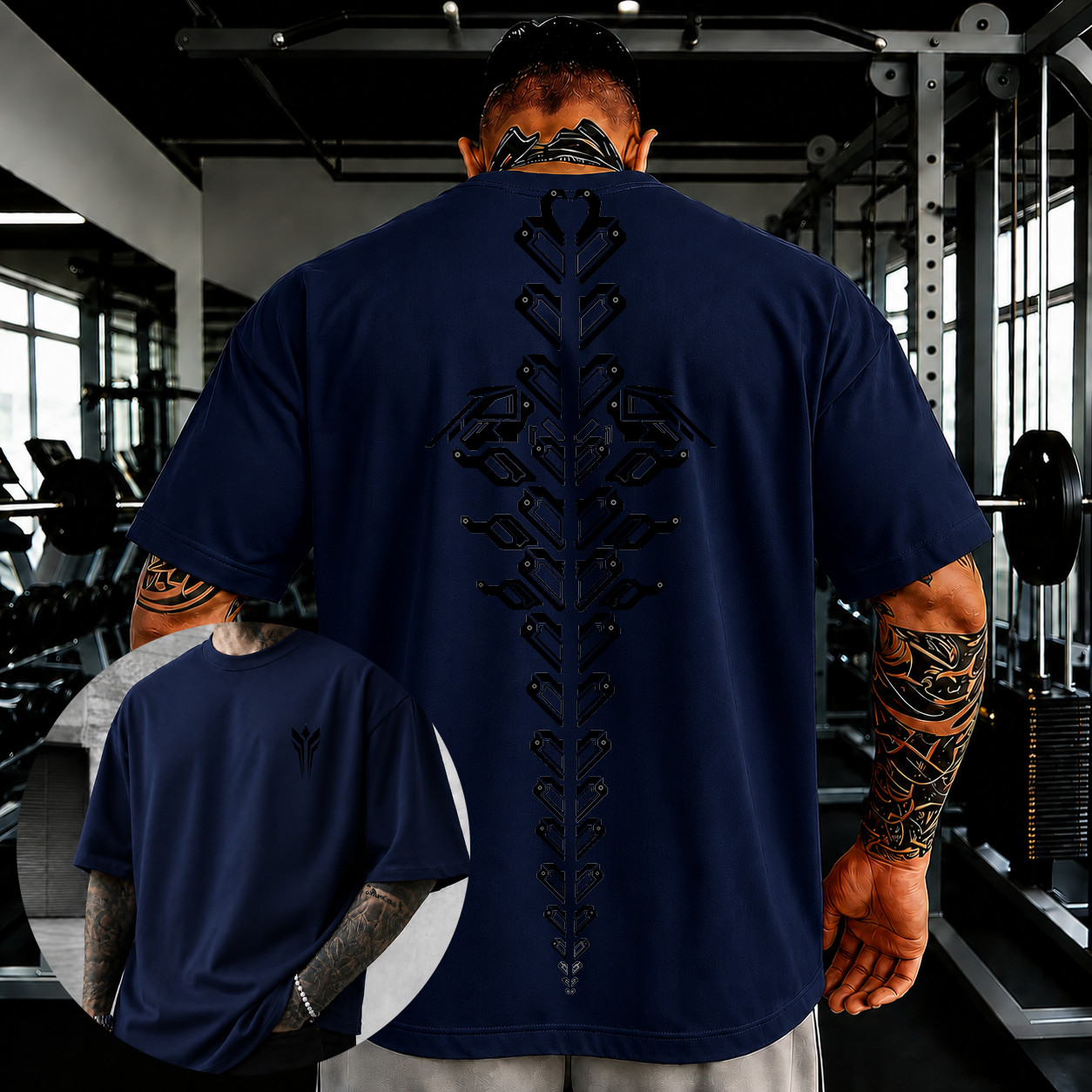 Oversized Gym T-Shirt Cyber Spine Graphic Print Heavy Cotton Summer Streetwear