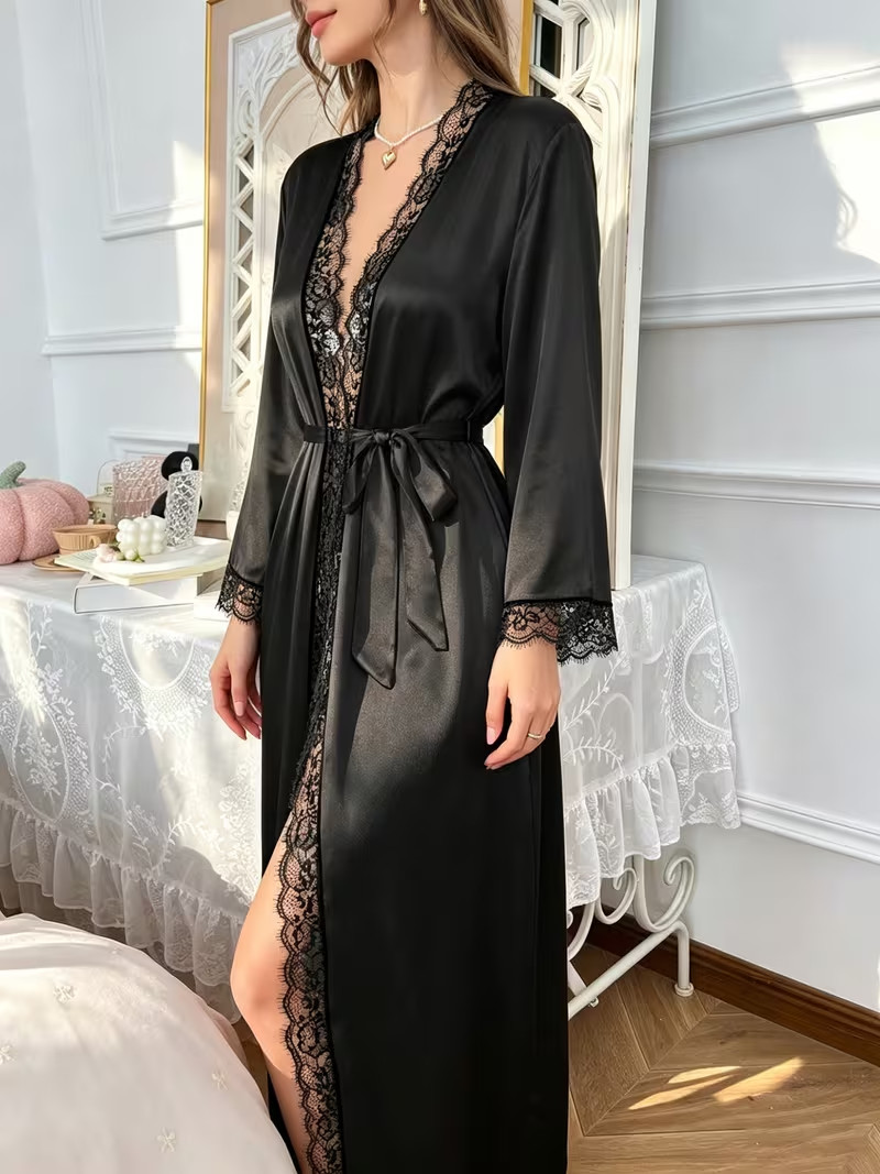 New Elegant Sexy Black Satin Long Sleeve Lace Accent Robe 4X NEW