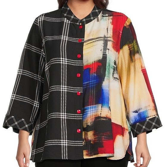 NWT ALI MILES 3X Woven Abstract Multi Checked Stand Collar Button Tunic Top