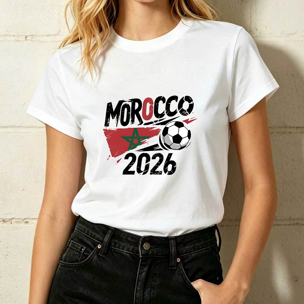 Morocco 2026 Flag Soccer Graphic Women’s Casual Sports Fan T-shirt Top