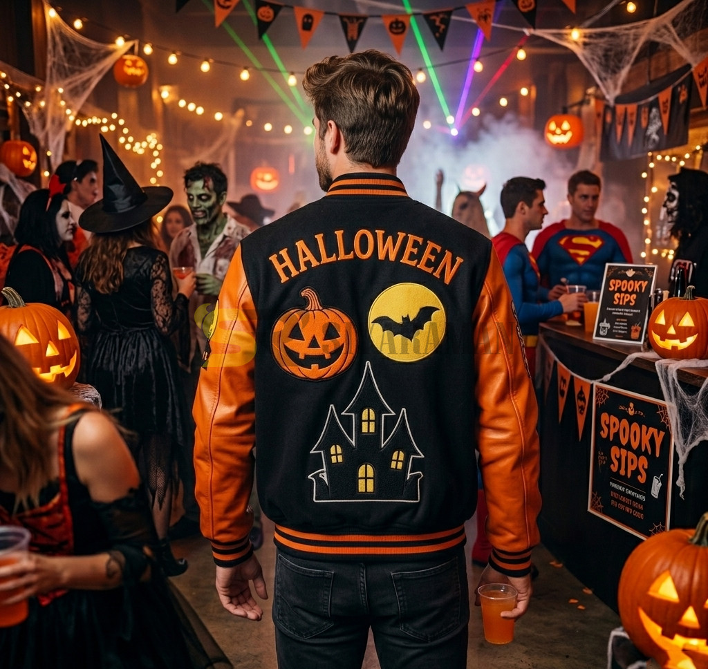 Halloween Varsity Jacket Mens Womens Wool Letterman Genuine Leather Sleeves