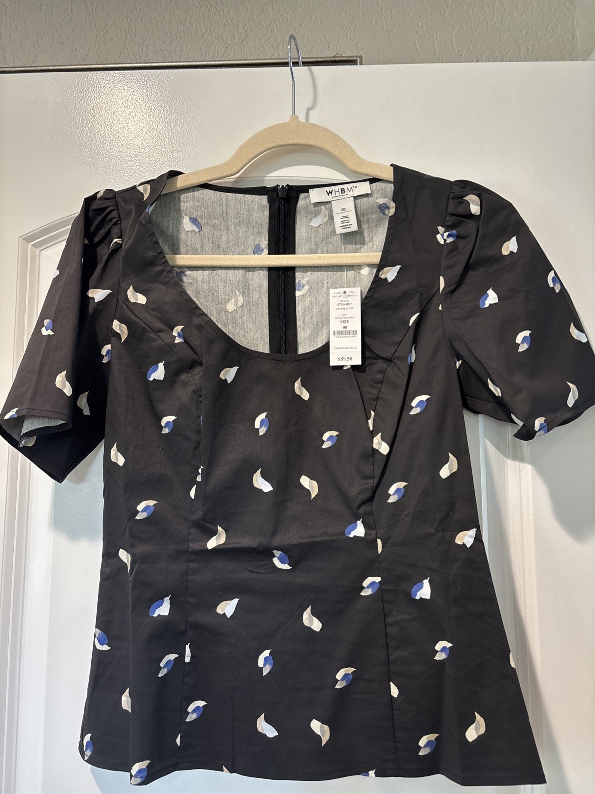 NWT White House Black Market Structured Poplin Blouse Top Black Blue White Sz 00