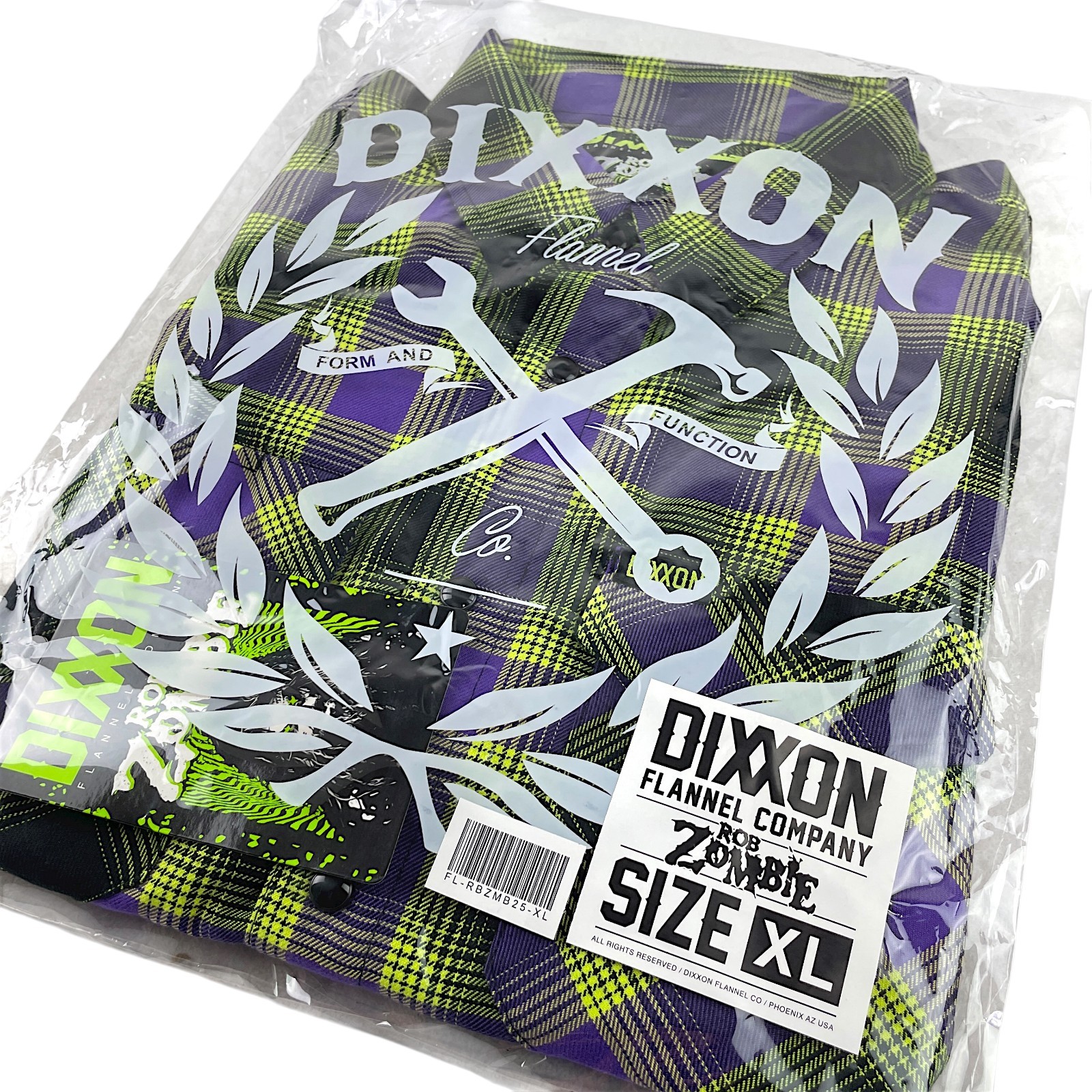 DIXXON Flannel “Rob Zombie” Men’s XL Neon Green & Purple Plaid Snap Band Shirt