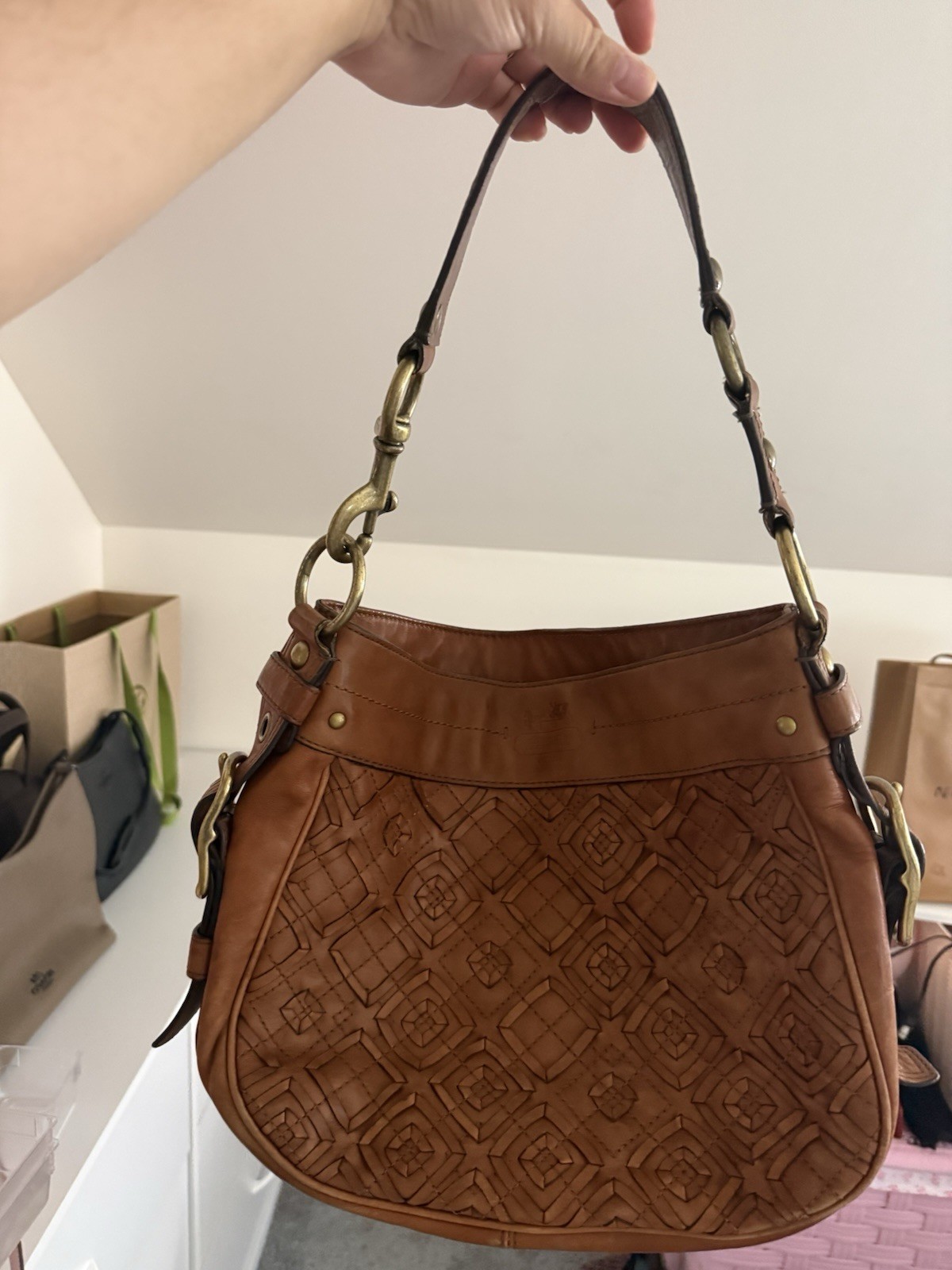 Coach Zoe Woven Brown Tan Hobo Shoulder Bag